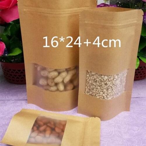 100 Pieces 16*24+4cm Resealable Brown Kraft Paper Bags for Tea Gift Bags Packaging Bag