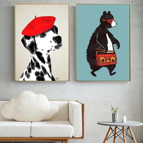 Abstract Dog Red Hat Paintings Print On Canvas Art Cute Bear Posters Decorative Wall Art Pictures For Living Room Home Decor