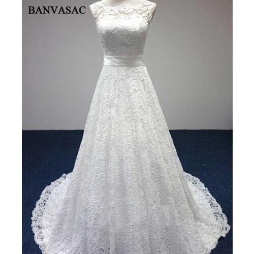 BANVASAC 2017 New A Line Elegant Embroidery Boat Neck Wedding Dresses Bowknot Sash Sleeveless Satin Sweep Train Bridal Gowns