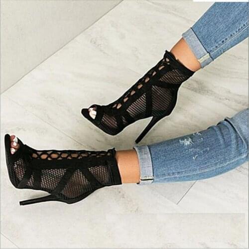 Women Fashion Open Toe Hollow fish mouth Boots High Heel Sandals Crystal Ankle Wrap Sexy high heel womens shoes Black Boots