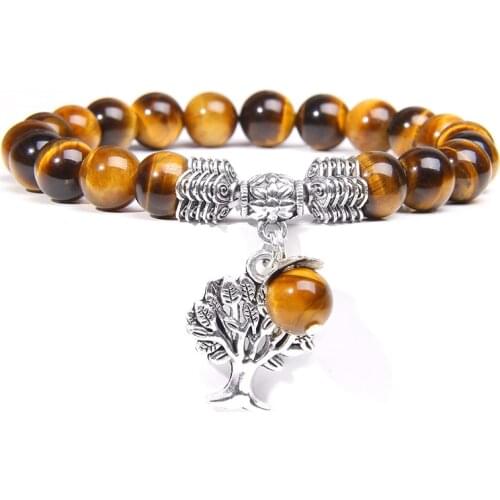 Women Bracelets Men Charm Natural Tiger Eye Gem Stone Tree of Life Bracelets Reiki Healing Energy Mala Yoga Bracelet Jewelry