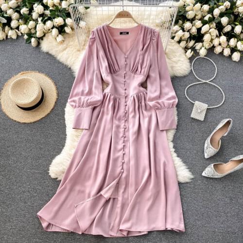 Croysier Dresses For Women 2021 Evening Party Elegant Satin Dress Spring Autumn V Neck Long Sleeve Buttoned Office Midi Dress