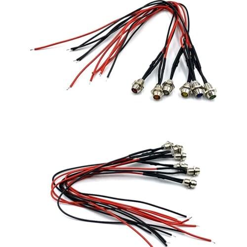 100Pcs 3V 5V 6V 9V 12V 24V Diffused 3mm LED With Metal Holder Header and 20cm Red&Black Wire White Red Blue Green Yellow