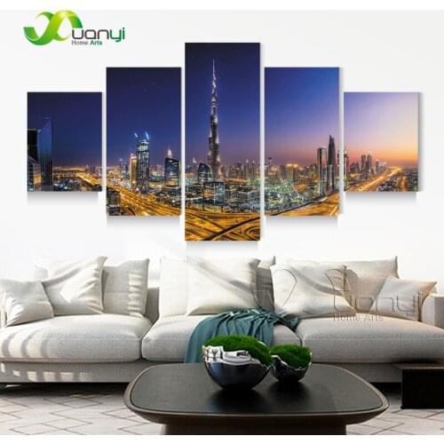 5 Panel City Building Nightscape Oil Painting Canvas Art Home Wall Picture For Living Room Modern Printing Unframed PR1316