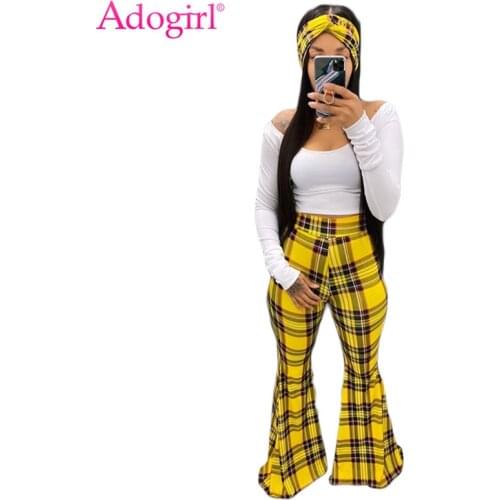 Adogirl Women 3 Piece Set Headband Long Sleeve T Shirt Top Striped Plaid Flare Pants Fashion Casual Suits Female Clothing