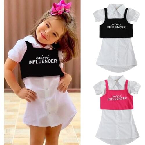 FOCUSNORM 2 Colors Fashion Kids Girls Clothes Sets 2pcs Short Sleeve Single Breasted Dress Shirts+Letter Vest Tops