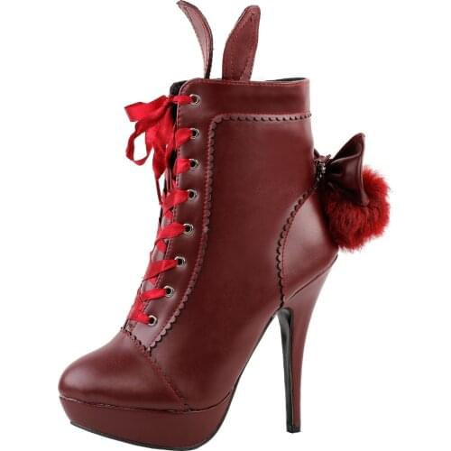 LF30311 Red Cosplay Lolita Halloween Fancy Ear Tail Lace-up Platform Stiletto Ankle Boot