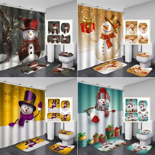 Cute Snowman Christmas Print Shower Curtains for Bathroom Decoration Toilet Lid Cover Bath Mat Set Holiday Party Home Decor