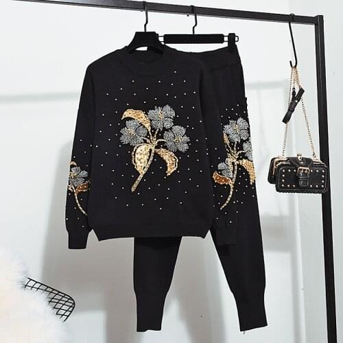 Fashion Beading Flowers Knitted Tracksuits Set Women Loose Casual Black Long Sleeve Knit Sweater Pencil Pants Outfits 2pc Female