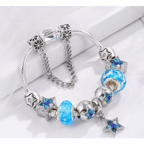Fashion Charm Bracelets With Blue Shinning Star Beads DIY Silver Plated Snake Chain Brand Bracelet Jewelry For Women Gift