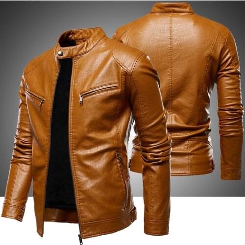 Mens Fleece Biker Leather Jackets 2021 New Men Simple Style Stand Collar Jacket Coats Male Faux Leather Bomber Outwear Coat Man