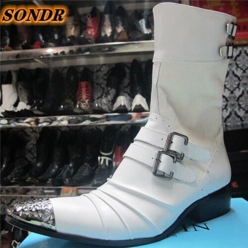 Winter Men Boots Iron Pointed Toe Boots Genuine Leather Ankle Boots Double Black Strap Short Cowboy Punk Boots Chaussures Homme