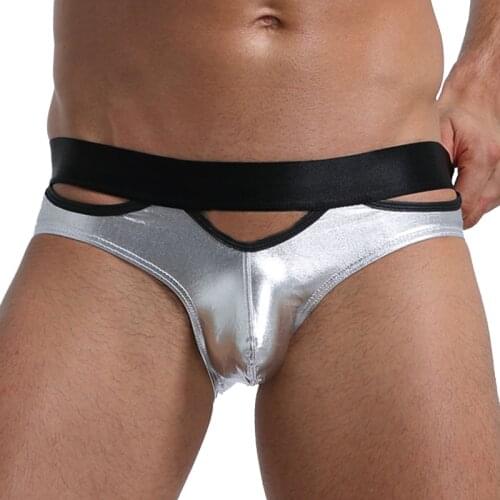 Men Pu leather Solid Underpant Bright Brief Underwear Low Waist Mans Underwear Hollow out Sexy Men Bikini