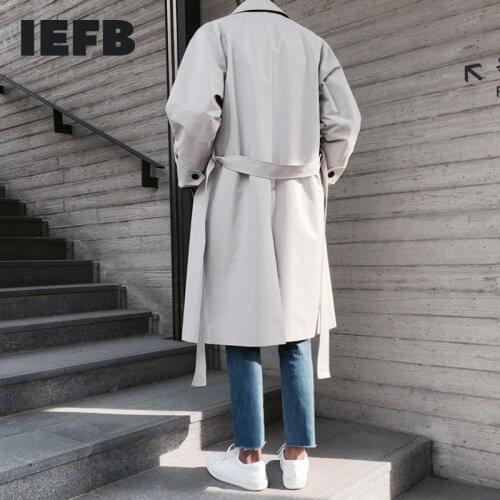 IEFB 2021 Mens Autumn New Korean Windbreaker Long Coat Handsome Knee Gray Black Trench With Belt Youth Fashion Clothes 9Y8471