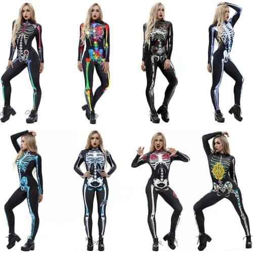 New European & American Clothing Halloween Skeleton Skull Print Jumpsuit Nightclub Female Singer Jazz Pole Dance Costume DWY6212