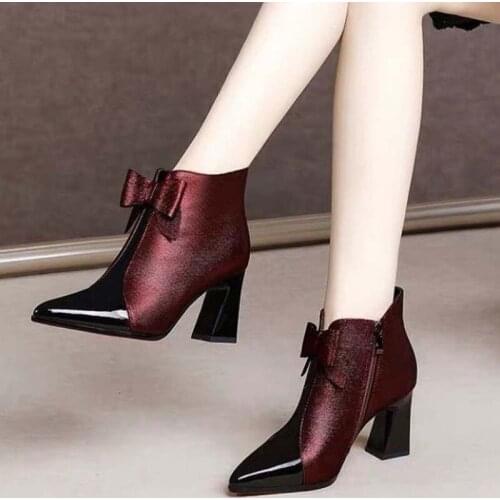 New Female Pointed Toe Ankle Boots Fashion Bowknot High Heels Boots Women 2021 Party Office Concise Shoes Woman