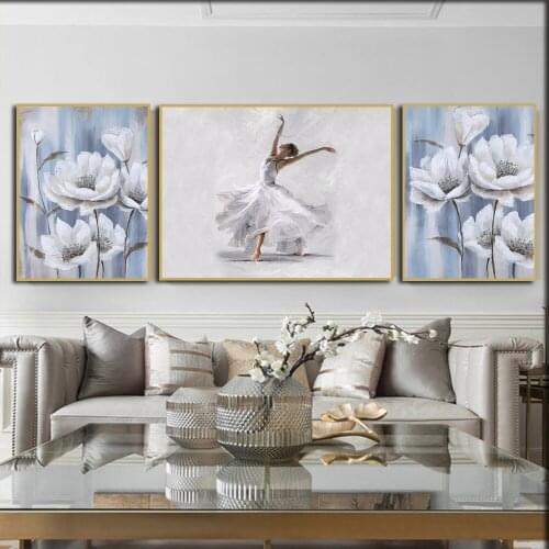 New Nordic Blue Flower Hand-Painted Beautiful Woman dance Light luxury Poster Canvas Painting Wall Art Picture Home Decoration