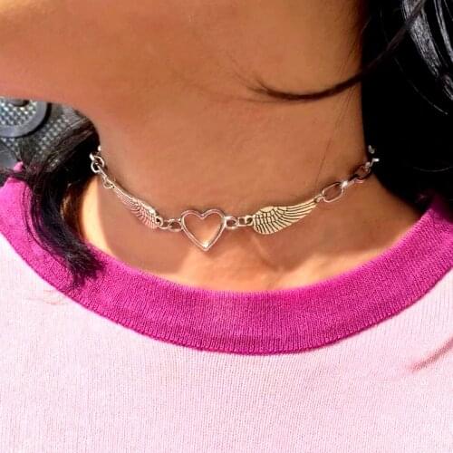 Egirl Aesthetic Heart Wing Necklace for Women Y2K Jewelry Punk Vintage INS Harajuku Necklace 2000s Fashion Friends Gifts