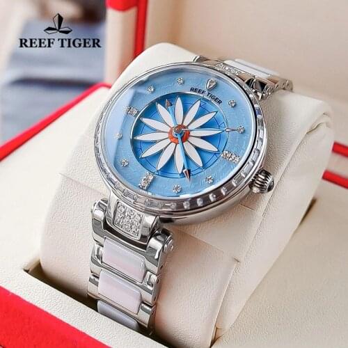 Reef Tiger/RT Luxury Elegant Lily Women Watch Rose Gold Diamonds Bezel Ceramic Strap Automatic Mechanical Lady Watches