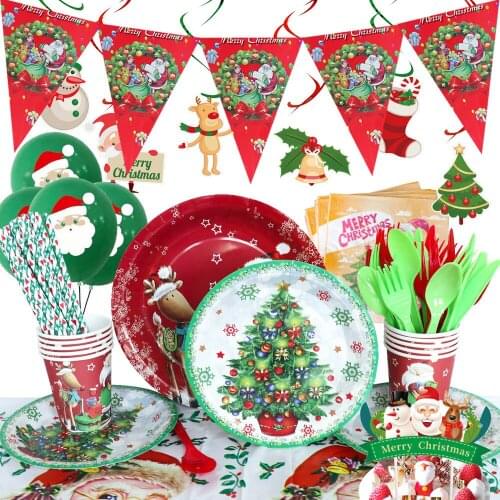 Christmas Theme Santa Claus Elk Party Supplies Disposable Tableware Set Cup Plate Flag Topper Balloon New Year Party Decor