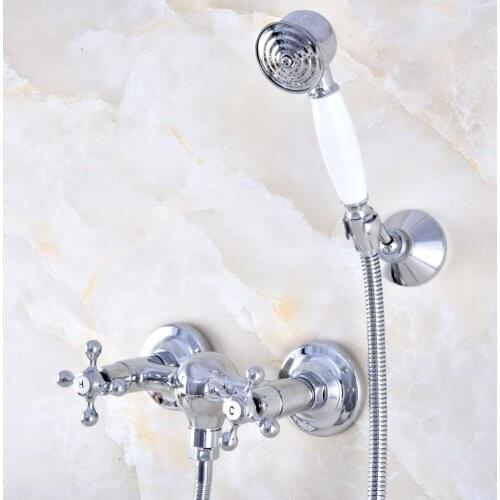 Polished Chrome Brass Wall Mounted Bathroom Hand Held Shower Head Faucet Set Mixer Tap Dual Cross Handles mna775