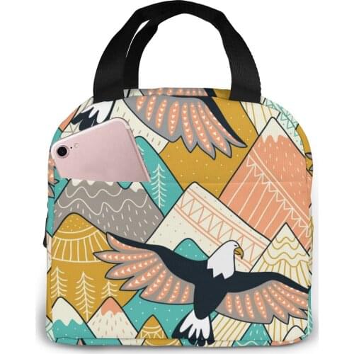 Ethnic Mountains And Eagles Cooler Bag Portable Zipper Thermal Lunch Bag Convenient Lunch Box Tote Food Bag