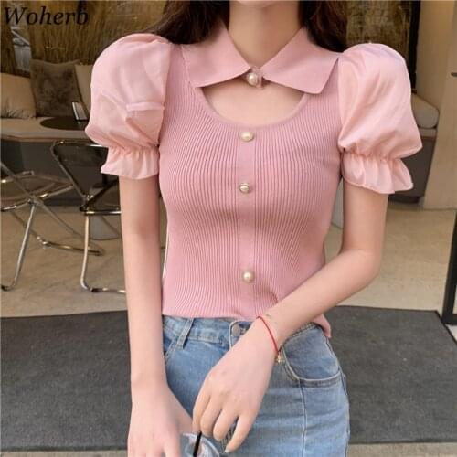 Woherb 2021 Summer Knitted Crop Tops Pullovers Women Short Puff Sleeve Thin Tops Fashion Solid Slim Ladies Jumpers Femme