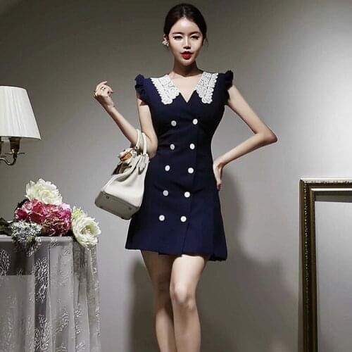 New Fashion Summer Casual Streetwear Mini Dress Ladies Vintage V-Neck Lace Patchwork Double-Breasted Button Pleated Short Dress