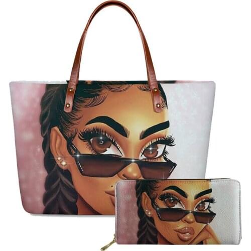 HYCOOL Cartoon African Girls 2pcs/set Women Bags Shoulder Tote Handbag Coin Card Wallet Purse Female Clutch Bags Girls Pouch Bag