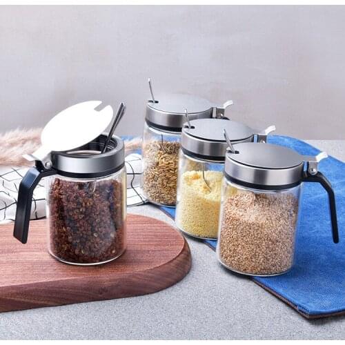 300ML Kitchen Seasoning Bottle Salt Sugar MSG Pot With Spoon Glass+Stainless Steel Moisture-Proof Spice Jar With Lid