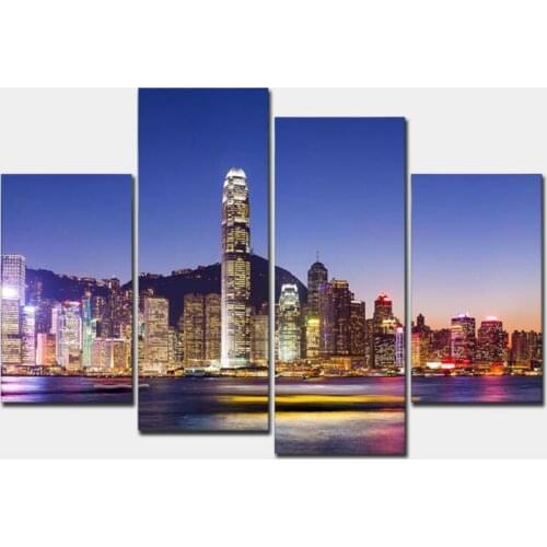 4 Panel Sets Artworks Beautiful City Night Landscape Painting Modern Building Pictures On Canvas Artwork Print Poster
