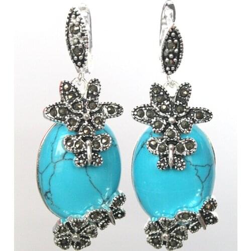 Brinco Wedding Wholesale Good Fashion 925 Blue Stone Flower Marcasite Earrings 11/2" For Women Jewelry