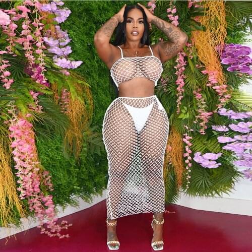 Black/white Fishnet Hollow See Through Beach Style Suit Women Club Outfit Spaghetti Strap Crop Top+long Skirt with Underpants