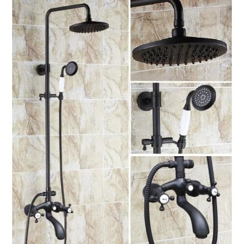 Black Oil Rubbed Brass Dual Cross Handles Bathroom 8 Inch Round Rain Shower Faucet Set Bath Tub Mixer Tap Hand Shower mhg116