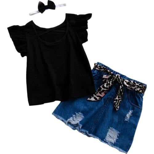 Citgeett Summer Kids Baby Girls Ruffles Sleeve Skirt Set Black T-shirt and Leopard Denim Short Skirt Set