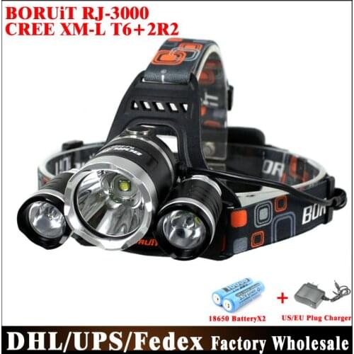 DHL 20PCS RJ-3000 Lumens Headlamp LED Headlight Flashlight Head Lamp With 18650 Battery And Charger
