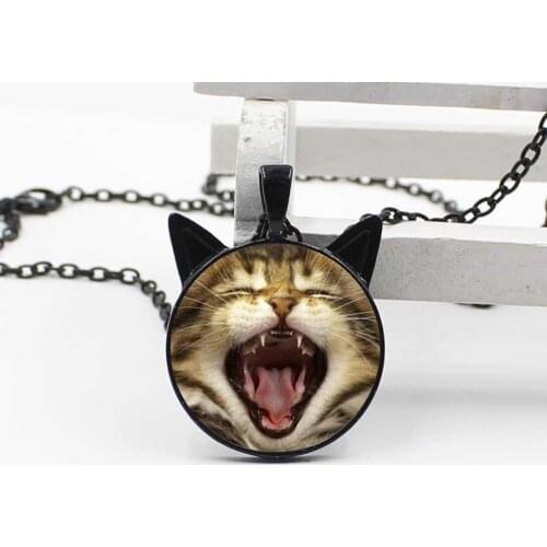 Glamour fashion brown yawn cat necklace cat pendant jewelry glass cabochon necklace children gift jewelry