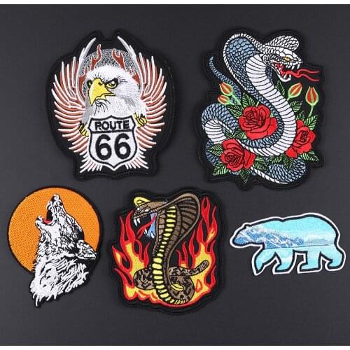 Fine Punk Bikers Fire Viper Snake Embroidered Patches Ice Polar Bear Wolf Applique 3D Diy Flower Animal Jacket Clothes Decor