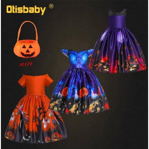 Halloween Carnival Costume Kids Pumpkin Dress Floral Girls Printed Casual Clothing Fancy Infant Birthday Party Dress Candy Bag