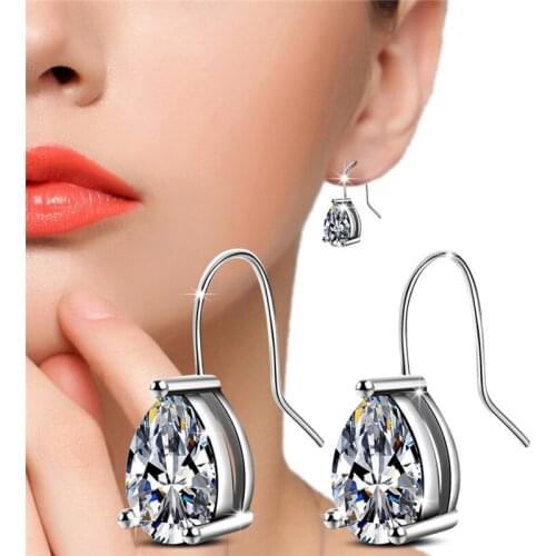 KOFSAC New Sterling Silver 925 Earrings For Women Luxury Crystal Teardrop-Shaped Hook Earring Fashion Jewelry Girl Best Gift