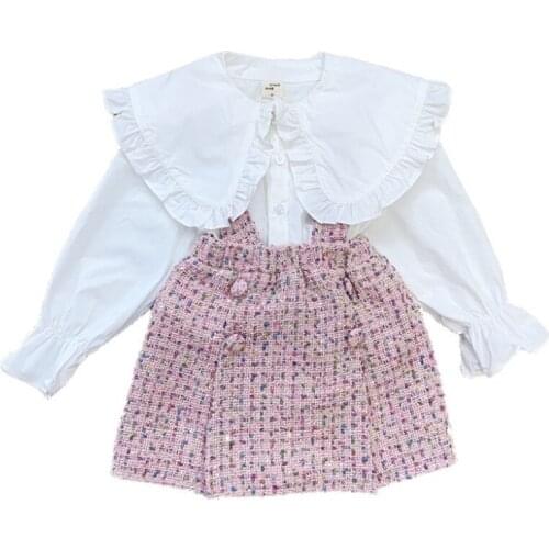 Toddler Girls Clothing Sets Korean White Long-sleeved Ruffled Collar Shirt Plaid Strap Dress Stylish Clothes For Girls Kids Suit