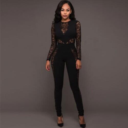 Fashion Women Sexy Sheer Lace Zipper High Waist Bodysuit Long Sleeve Playsuit Bodycon Jumpsuit Long Romper Macacao Feminino