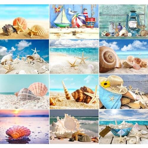 5D Diy Full Round Diamond Painting Kit Drill Seaside Landscape Beach Shell Starfish Decorative Painting Diamond Embroidery Home