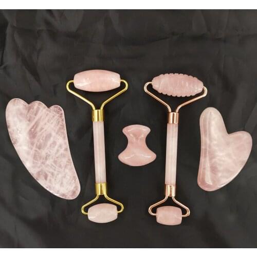 Natural Rose Quartz Jade Roller Set Real Jade Gouache Scraper Jade Massager Gua Sha Board Facial Massager Face Massage Roller