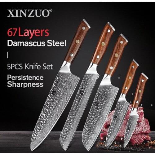 XINZUO 5 PCS Knife Set Damascus Steel Bread Utility Santoku Paring Chef Kitchen Knives with North America Desert Ironwood Handle