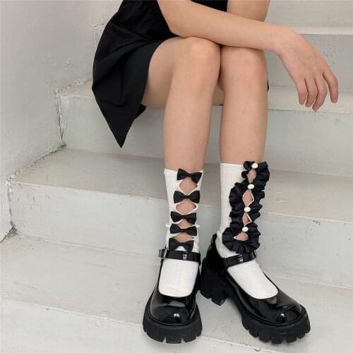 New Women Socks Hollow Out Socks Lolita Bow Socks Cosplay Costumes Accessories Medium Tube Cotton Socks Cute Sweet Girl Students