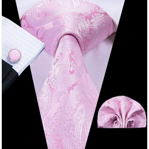 Hi-Tie 100% Silk Floral Pink Paisley Mens Tie Set 8.5cm Wedding Ties For Men New Design Hanky Cufflinks Top Quality Necktie