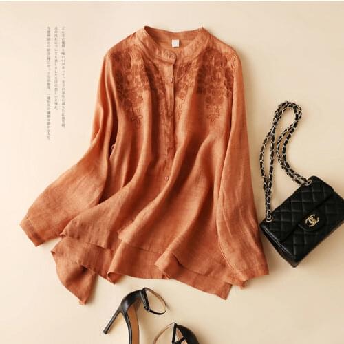 Autumn Loose Solid Shirts for Women Stand Collar Cotton Blouse Female Plus Size Embroidery Shirt Office Ladies Tops Blouses Q550