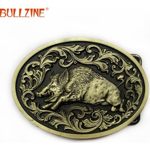 Bullzine zinc alloy retro western wild boar belt buckle cowboy jeans gift belt buckle FP-03716-2 antique brass finish
