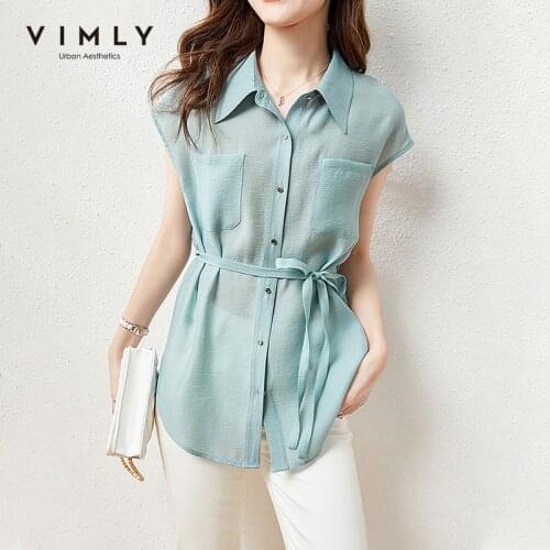 VIMLY Women Shirts Elegant Office Lady Button up Shirt Fashion Short Sleeve Loose Blouse Female Long Tops F7058